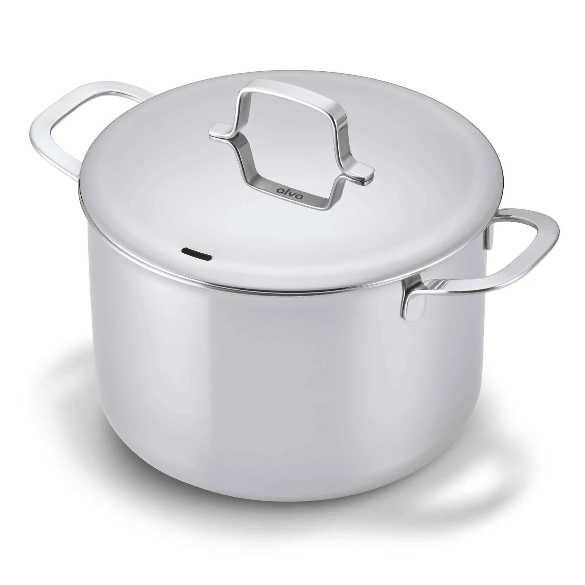 Stainless steel pot with lid on a white background