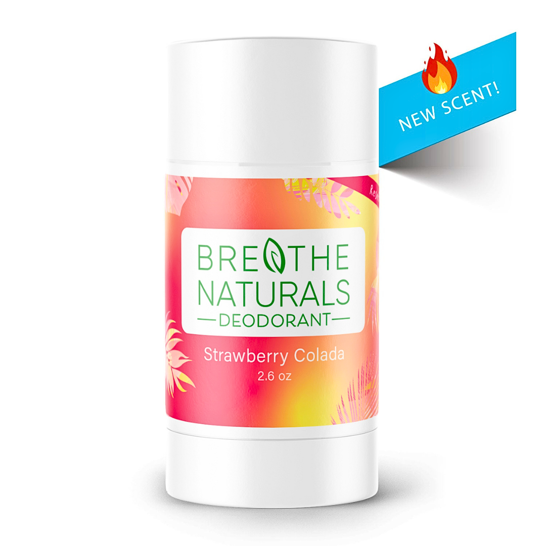Deodorant stick with colorful label and 'Breathe Naturals' branding on a white background.