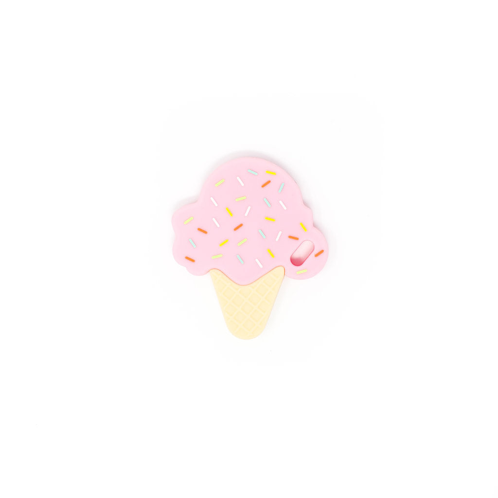 Pink ice cream cone with sprinkles on a white background