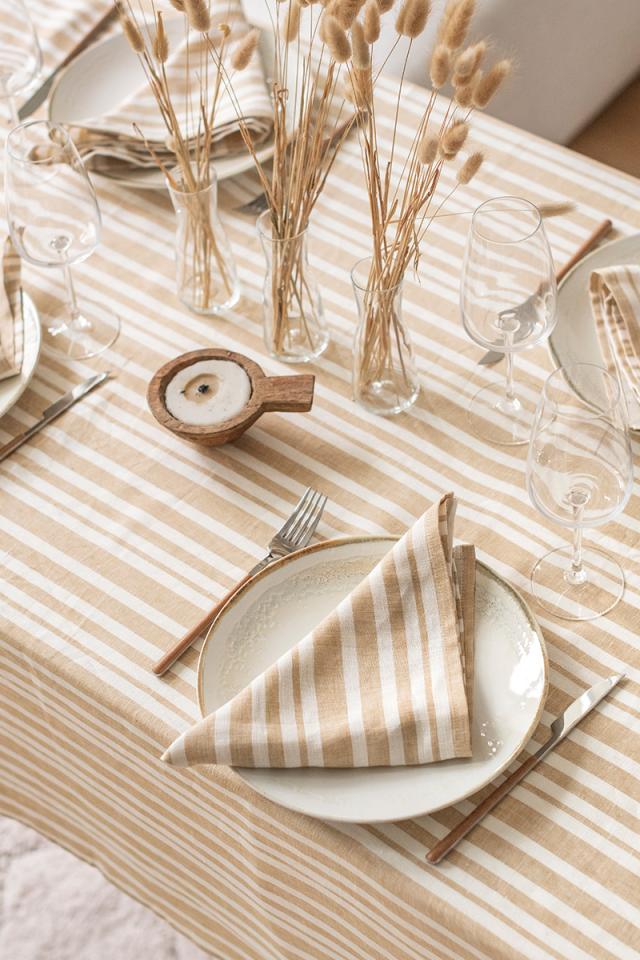 MagicLinen Striped in Sandy Beige Linen Tablecloth