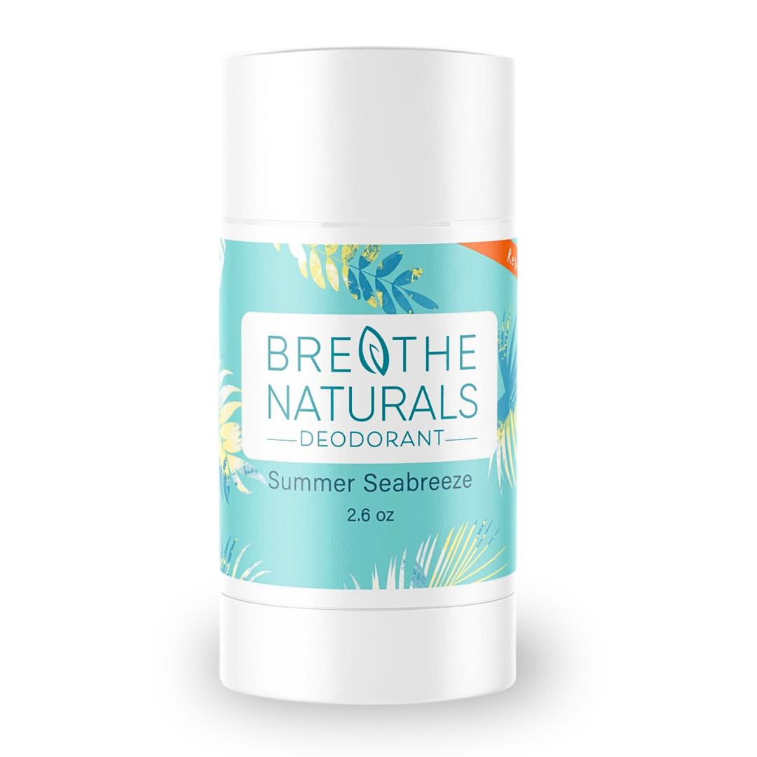 Deodorant stick with 'Breathe Naturals' label on a white background