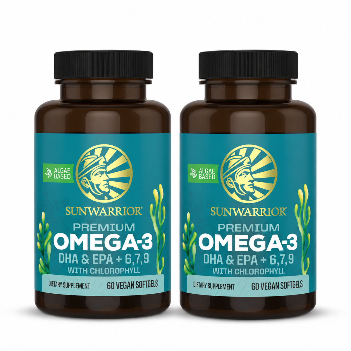 Two Sunwarrior Premium Omega-3 bottles — 2 pack, 120 softgels total