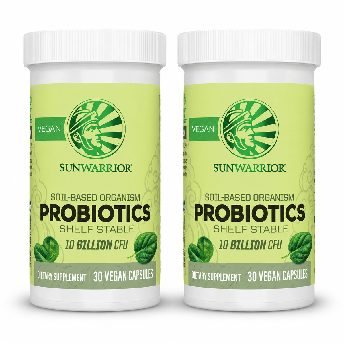 Two Sunwarrior soil-based organism probiotics bottles, 30 vegan capsules each