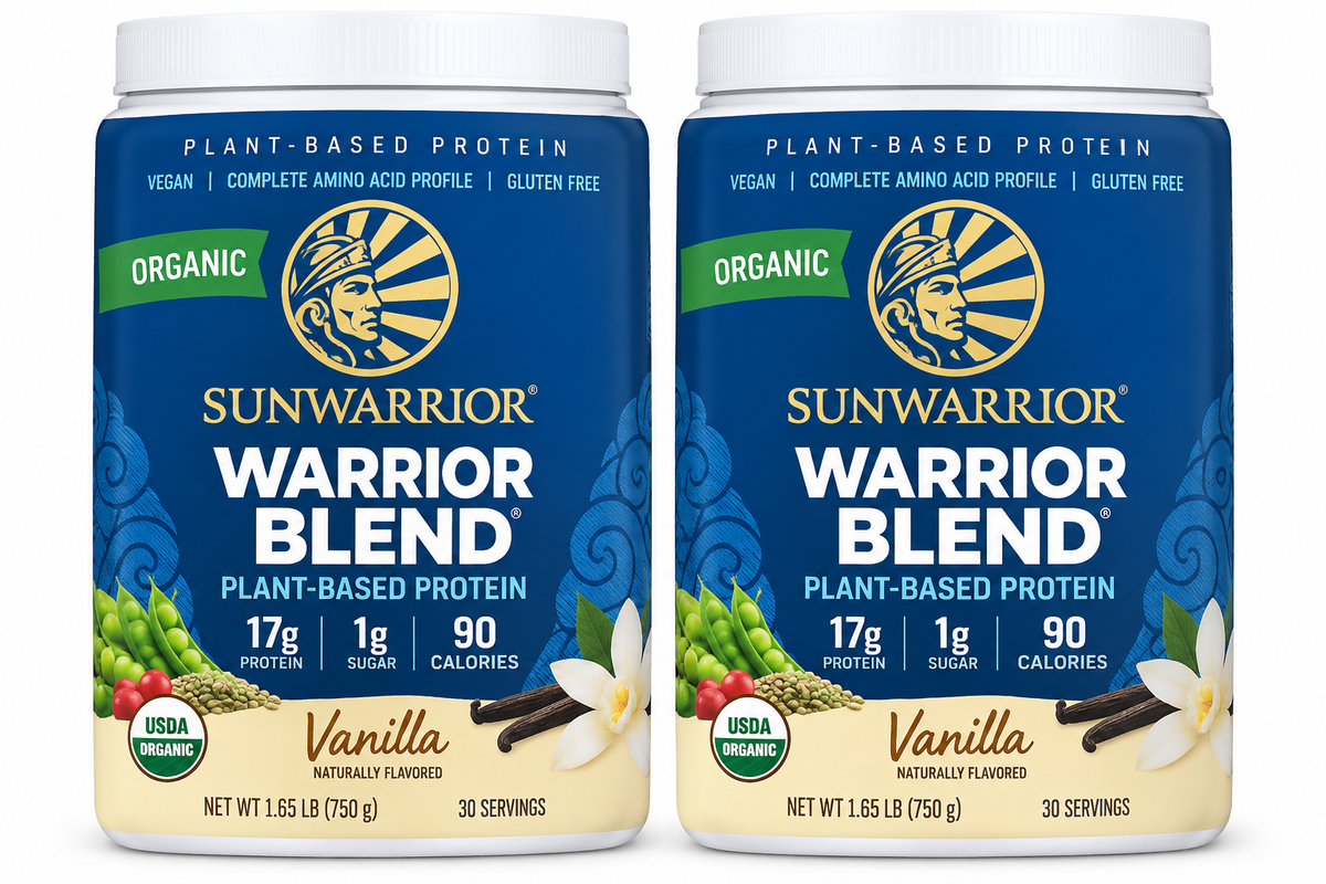 Two Sunwarrior Warrior Blend Organic Vanilla protein powder containers