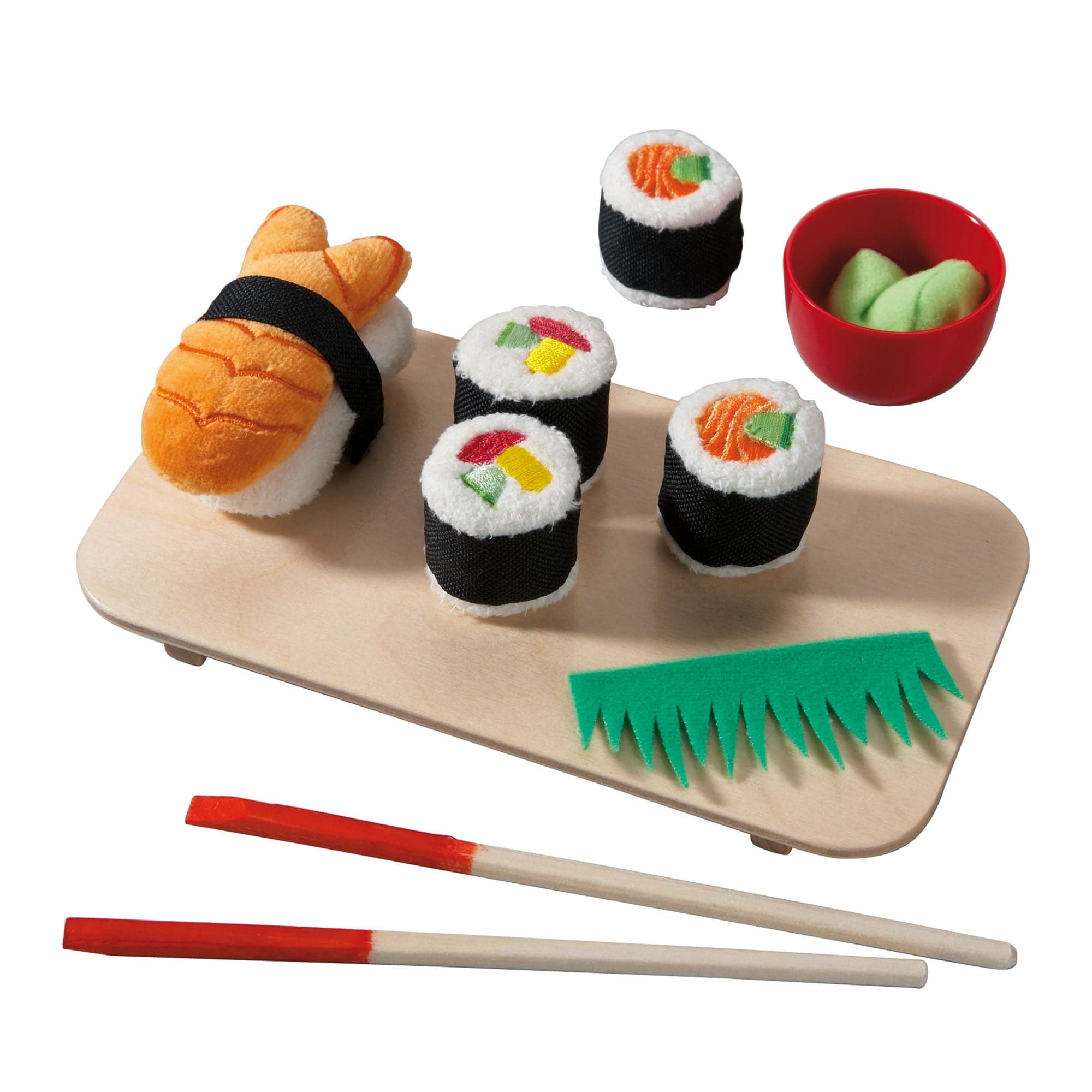 Plush toy sushi set on a wooden board with chopsticks and wasabi.