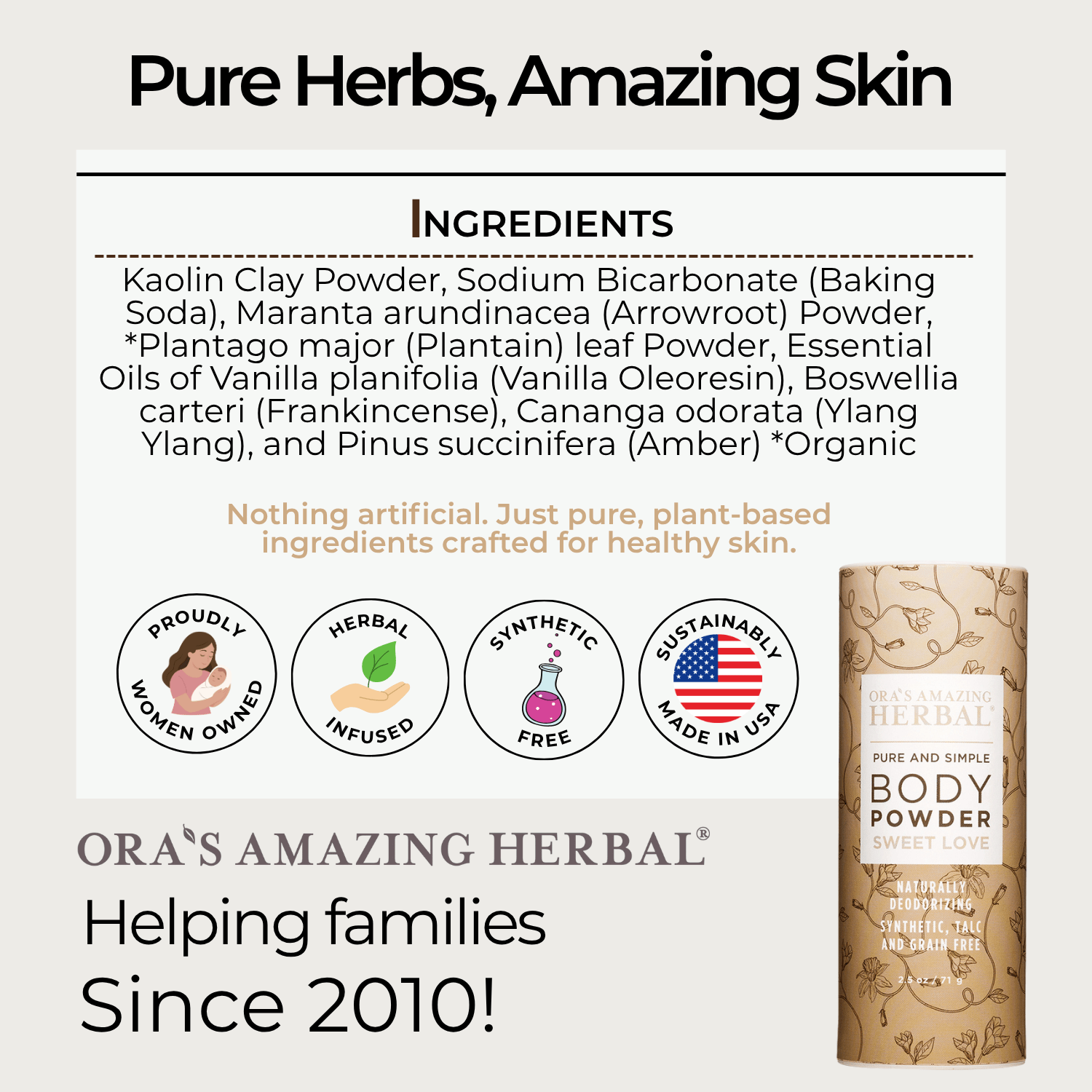 Ora's Amazing Herbal Talc Free Body Powder, Sweet Love Vanilla