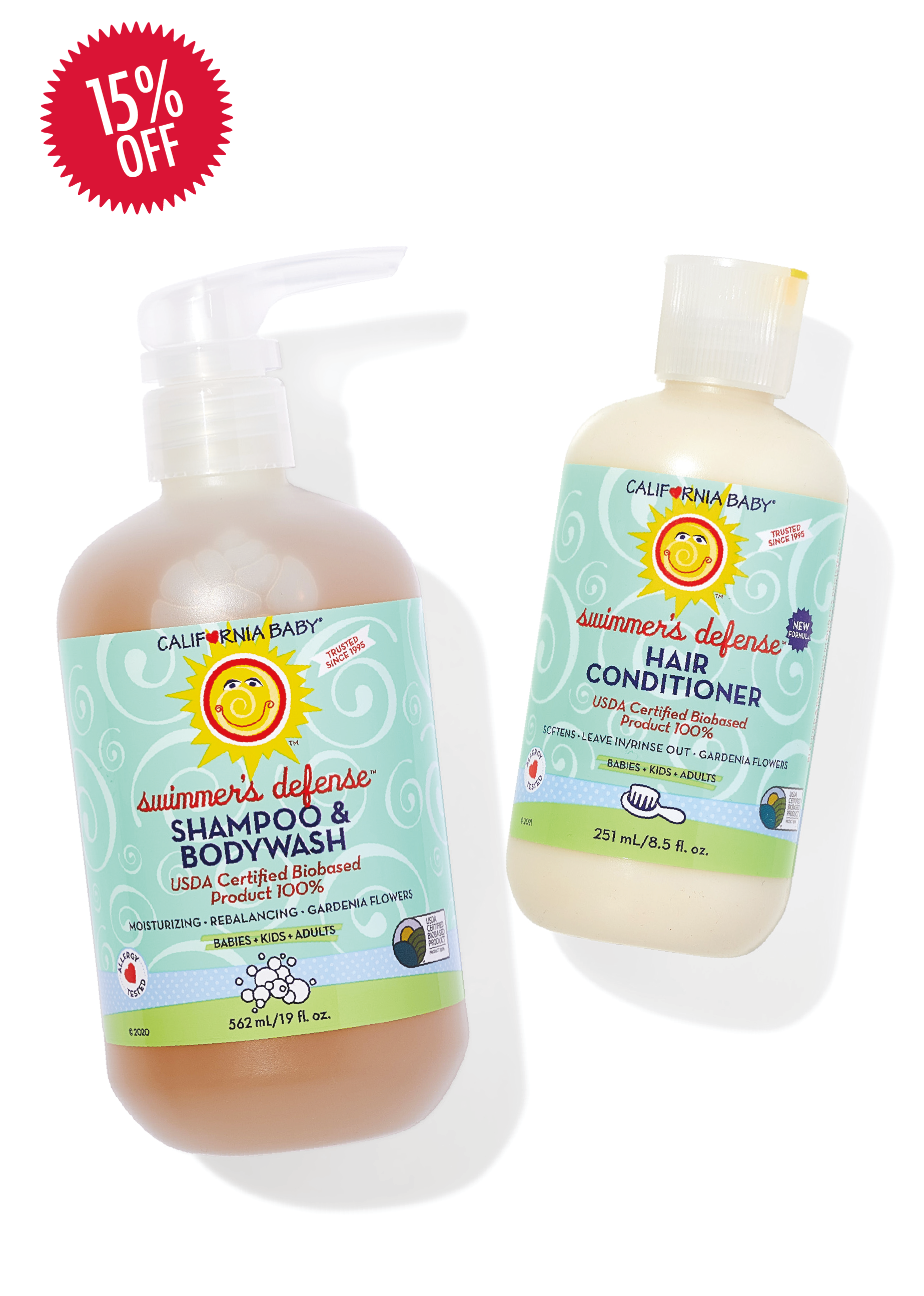 California Baby shampoo and bodywash with hair conditioner on a white background