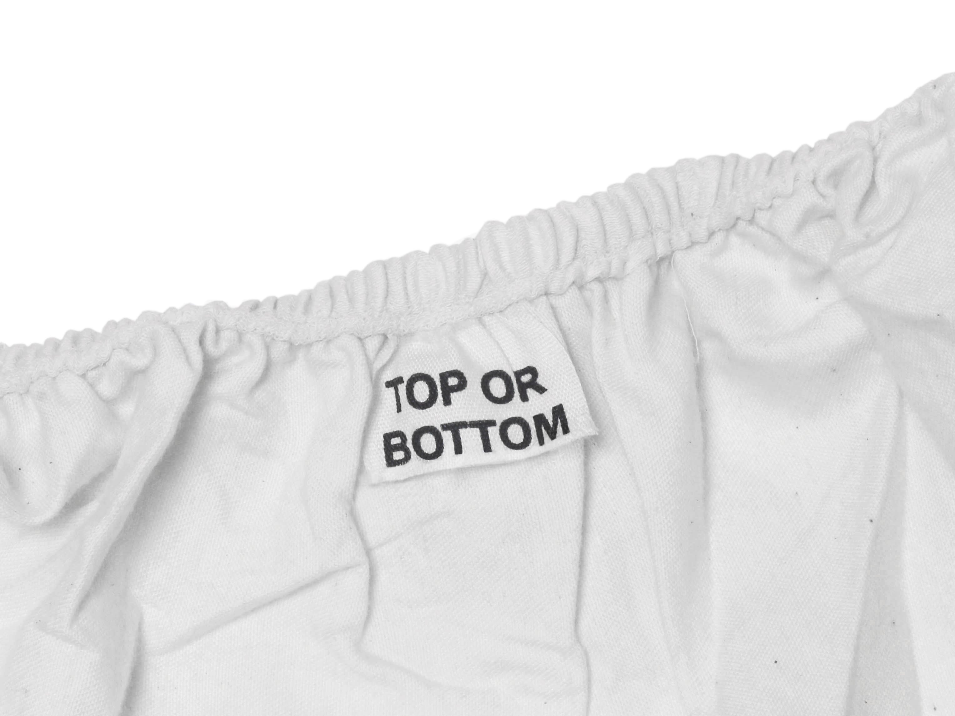 White garment with a label reading 'Top or Bottom' on a white background