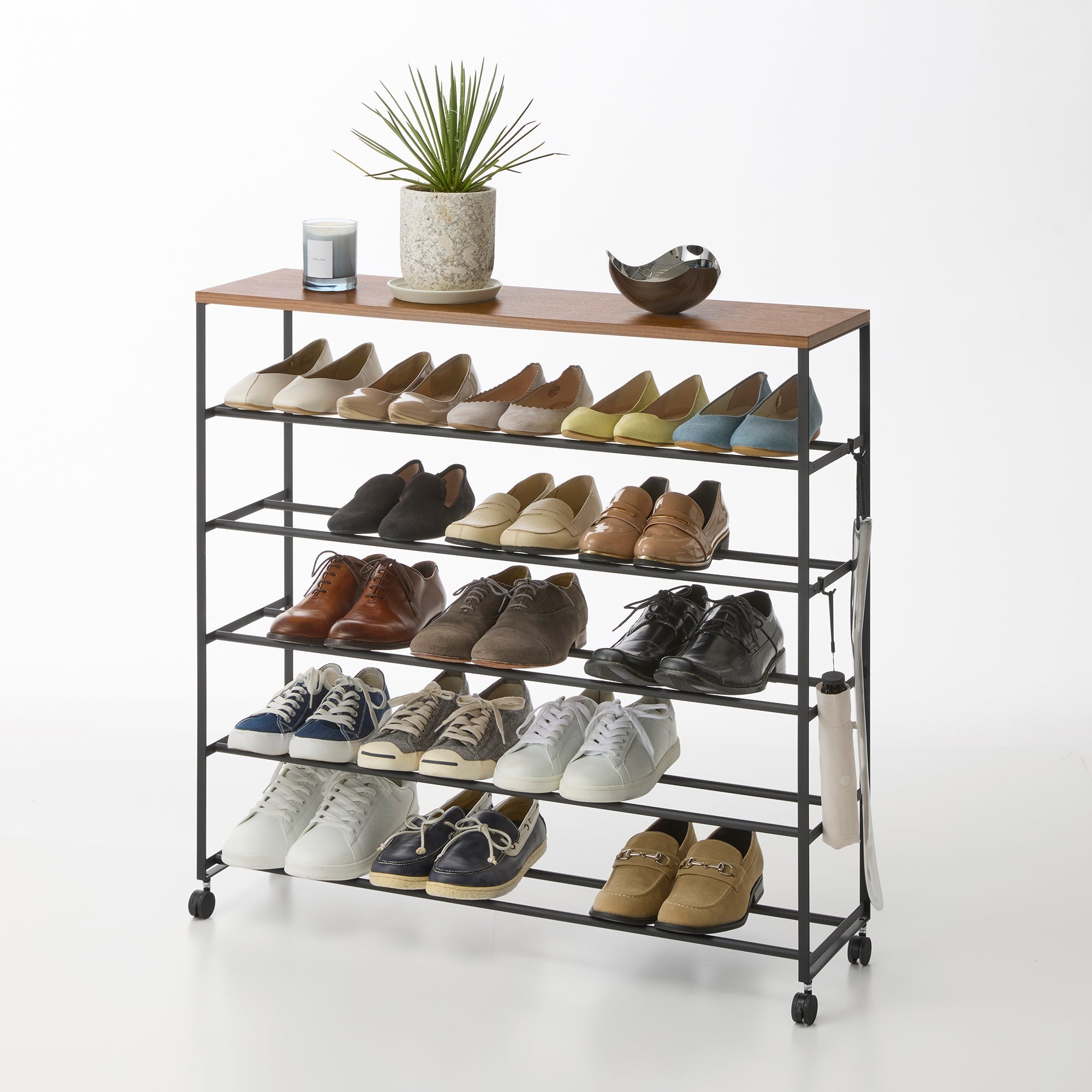 Yamazaki Home Rolling Five-Tier Shoe Rack (34.25" H)  - Steel + Wood