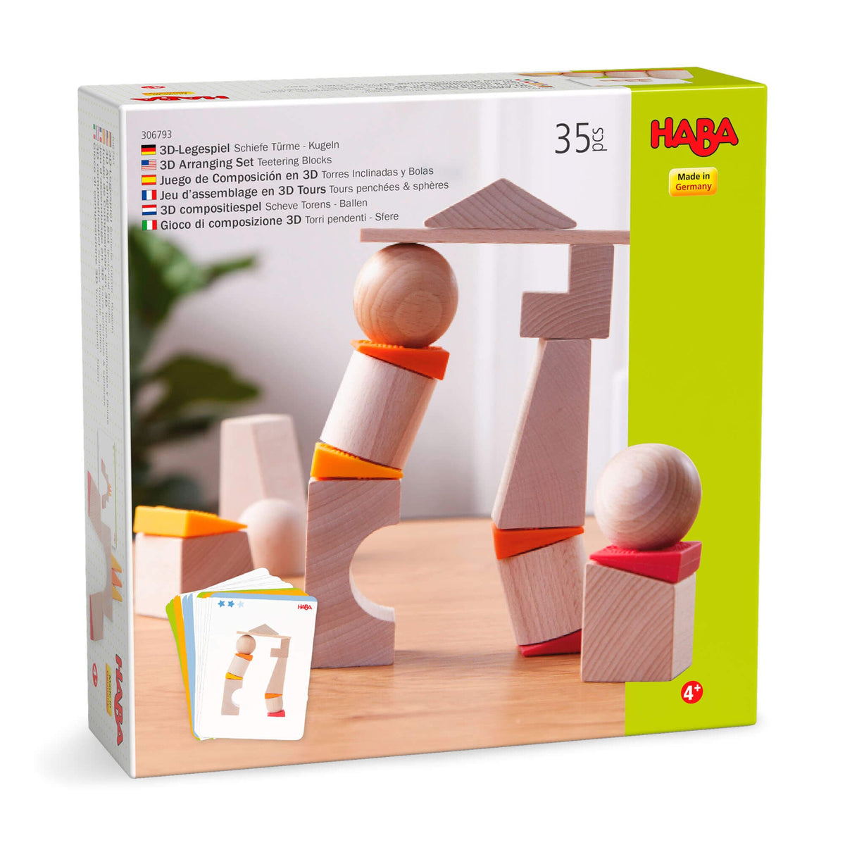HABA building block set packaging with wooden blocks and cards on a white background