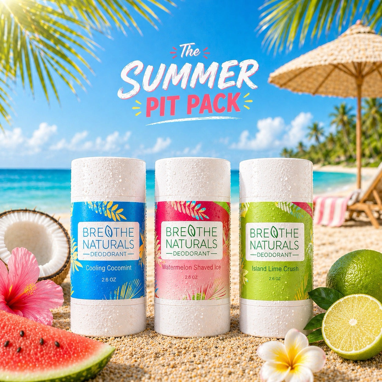 Three deodorant sticks from Breathe Naturals on a beach setting with tropical elements.