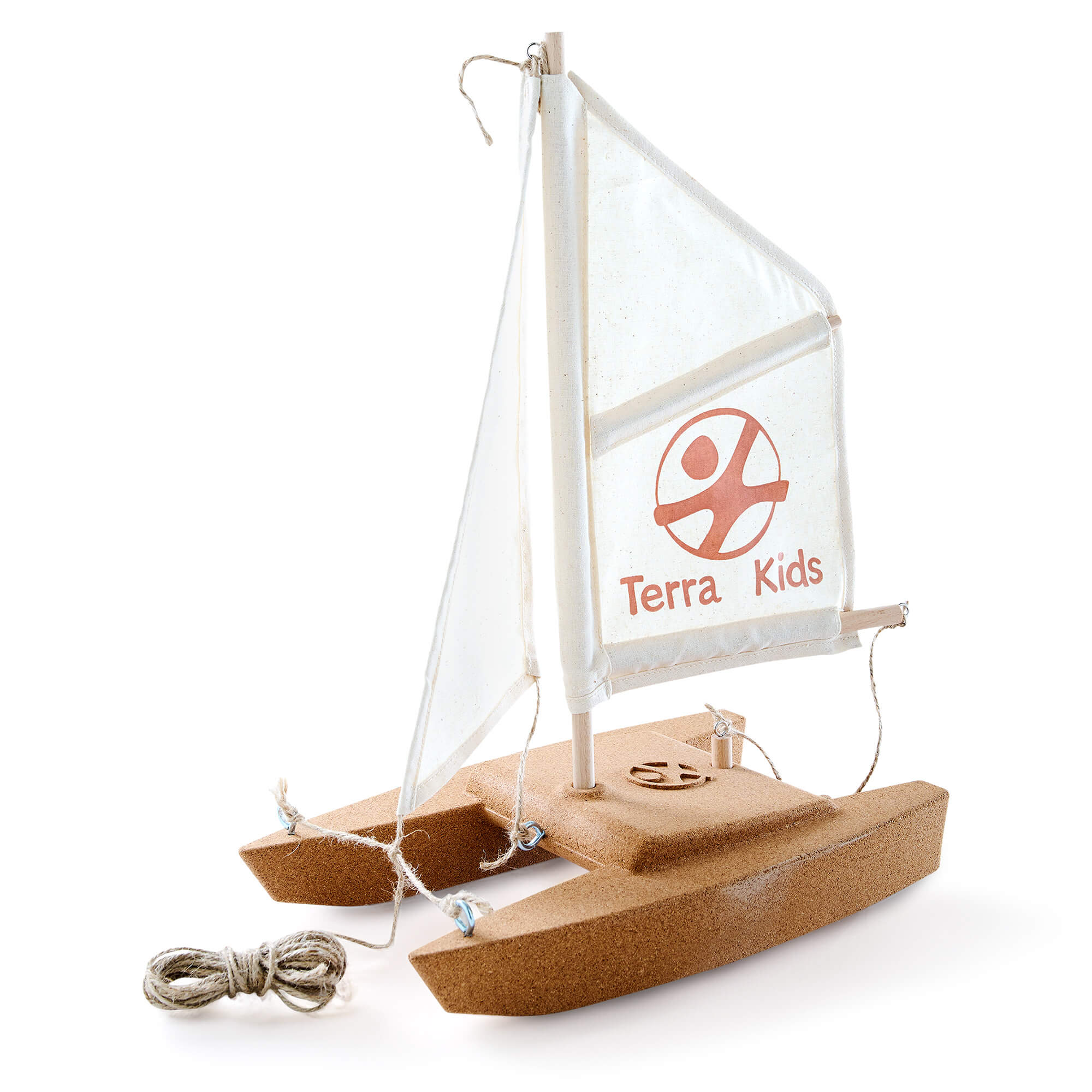 Wooden toy sailboat with a clear sail displaying 'Terra Kids' logo on a white background