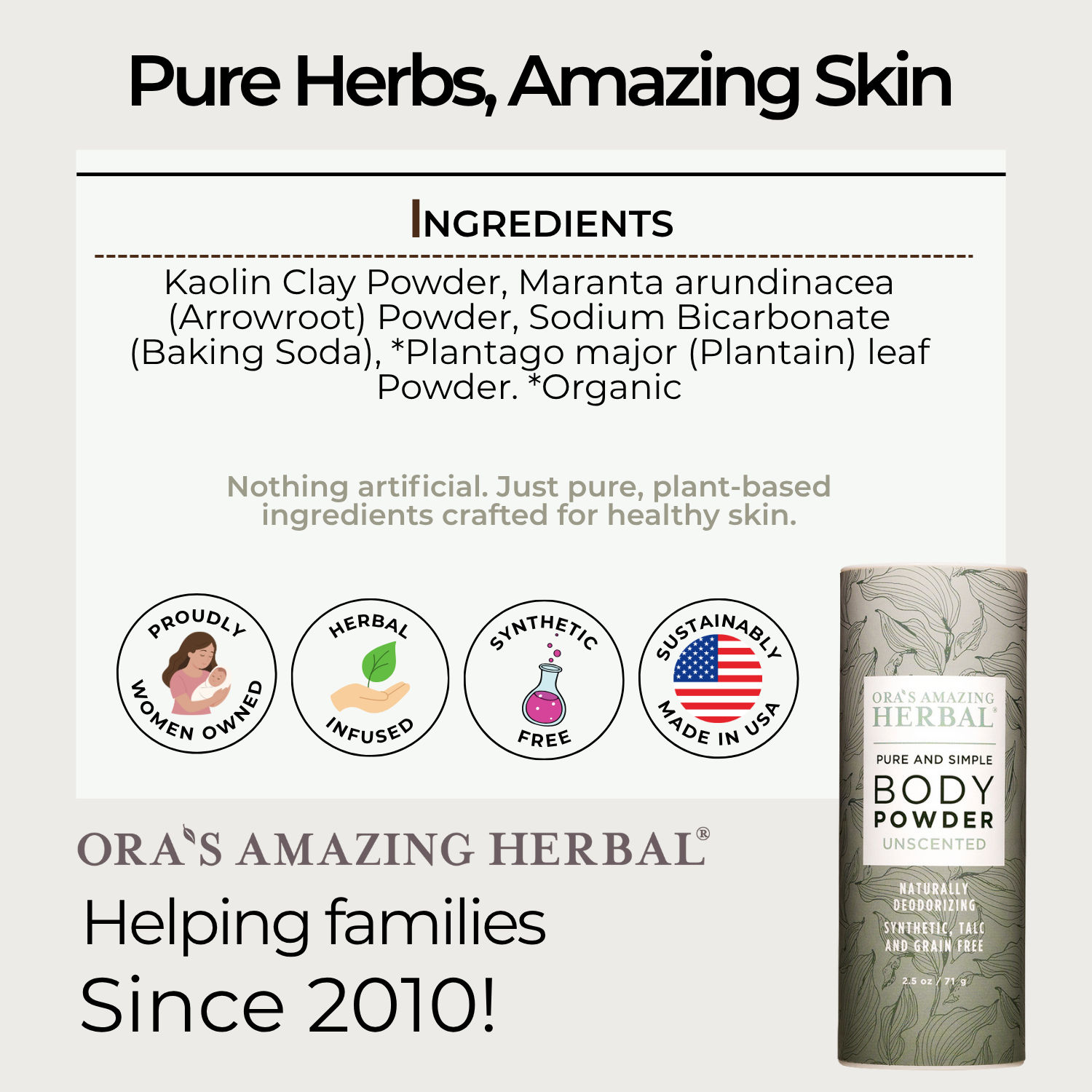 Ora's Amazing Herbal Talc Free Body Powder, Unscented