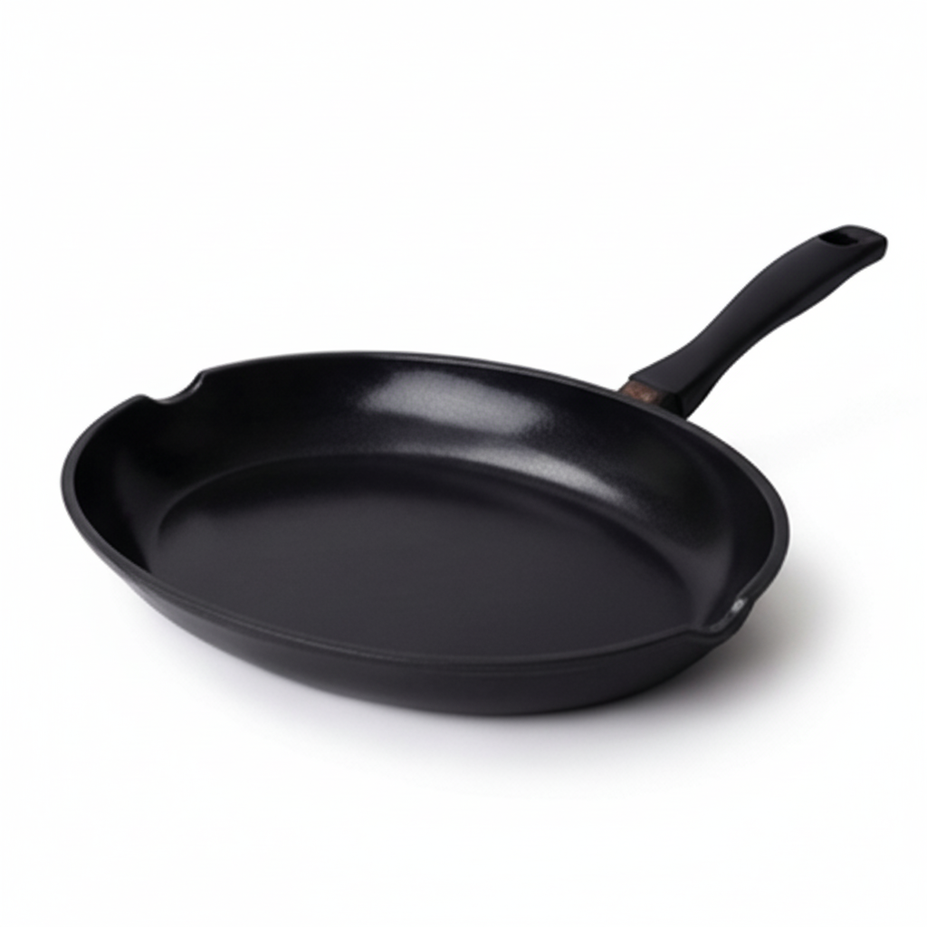Black cast iron skillet on a white background