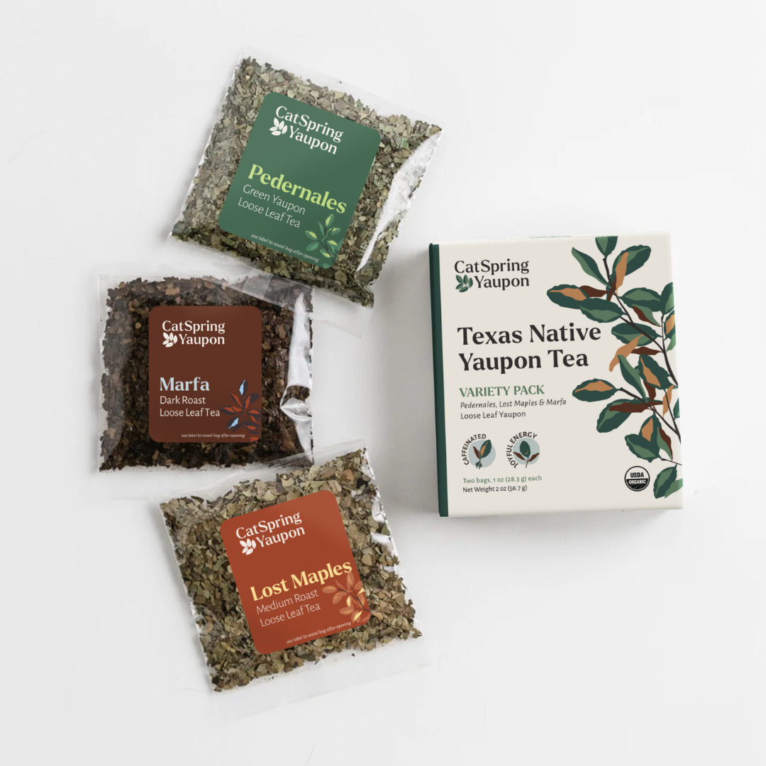 CatSpring Yaupon Loose Leaf Yaupon Tea Starter Kit – 3 Roasts + Glass Tumbler
