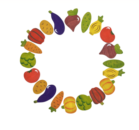 Colorful illustration of various vegetables arranged in a circular pattern on a white background.