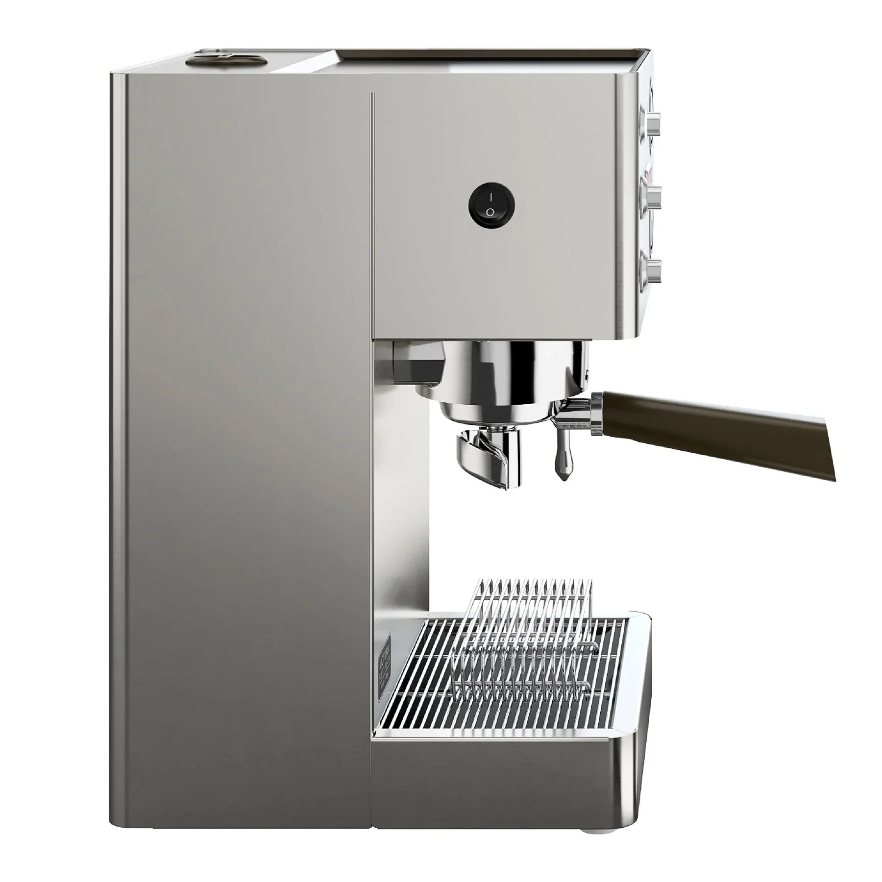 Stainless steel espresso machine on a white background