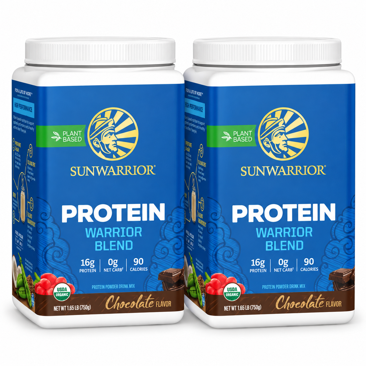Two Sunwarrior Warrior Blend Chocolate 750g containers