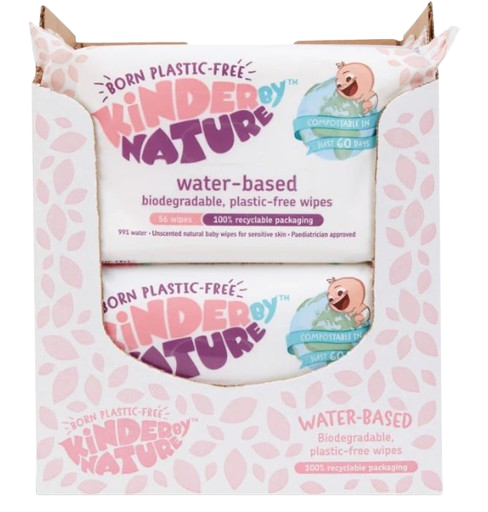 Pack of Kinder by Nature water-based biodegradable wipes with visible branding.