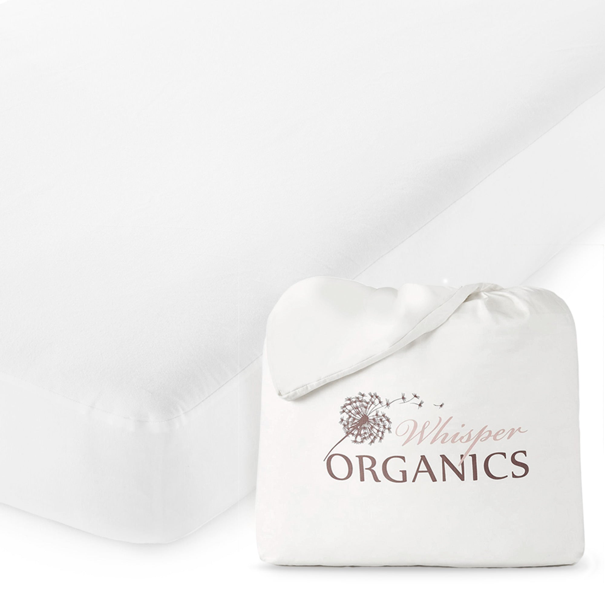 White drawstring bag with 'Whisper Organics' branding on a light gray background