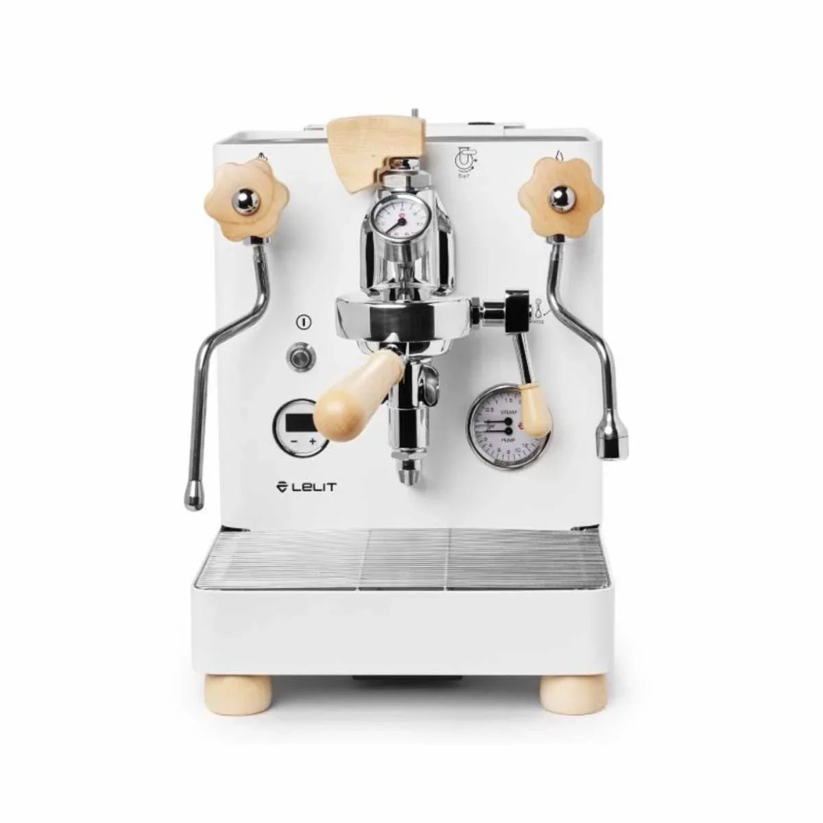 White espresso machine with wooden handles on a white background