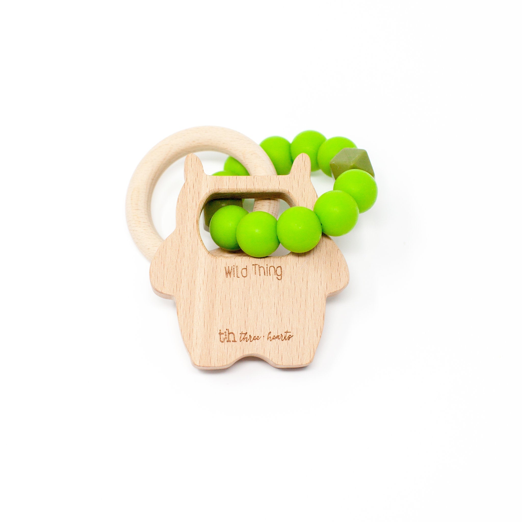 Wooden teething ring with green silicone beads on a white background
