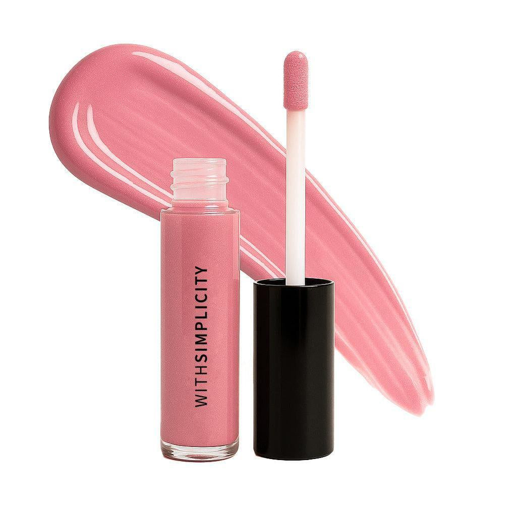 Pink lip gloss with applicator and brand name 'WITHSIMPLICITY' on a white background