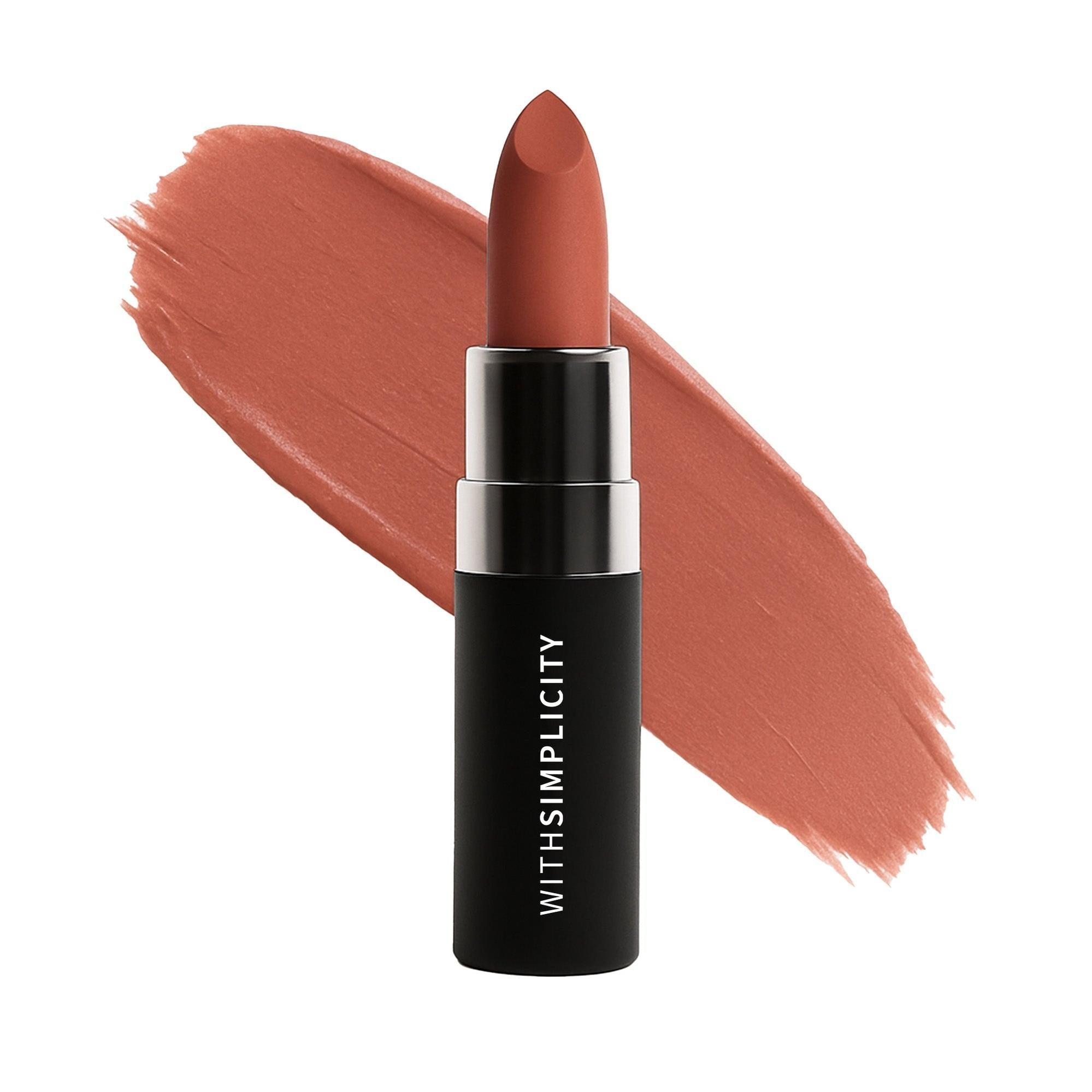 Lipstick with a swatch of color on a white background, branded 'WITHSIMPLICITY'.