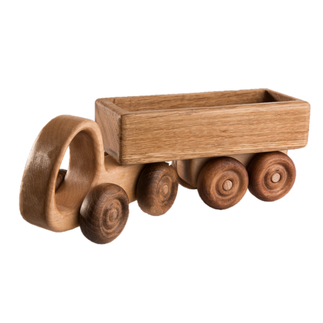 Wooden toy truck with a flatbed on a white background