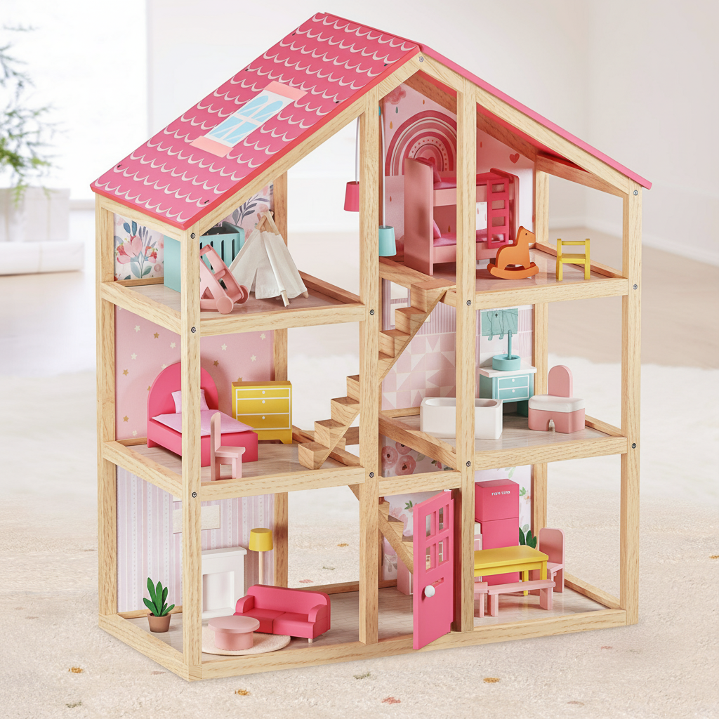 Wooden dollhouse with pink roof and colorful furniture on a light background