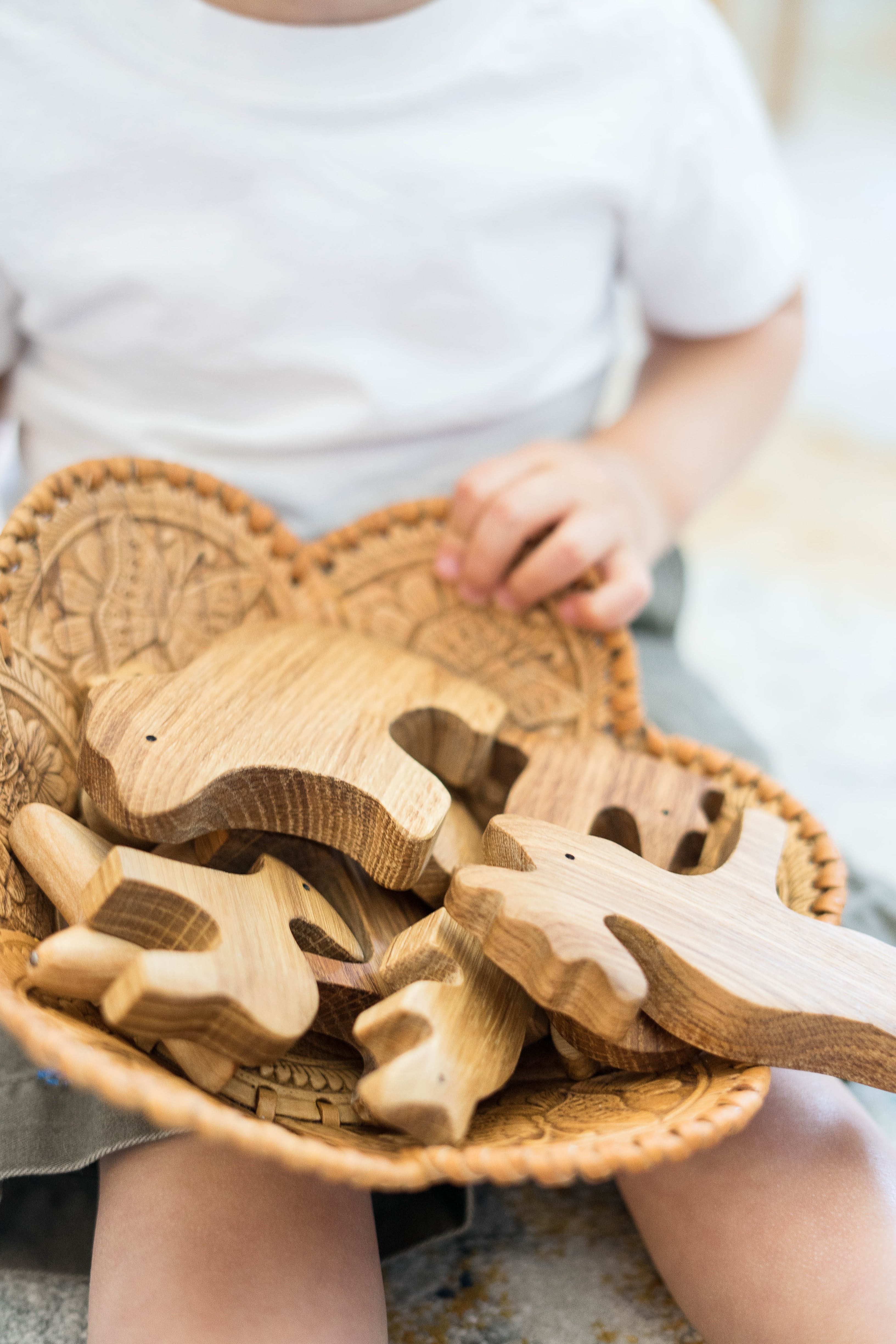Child holding a basket of wooden animal toys