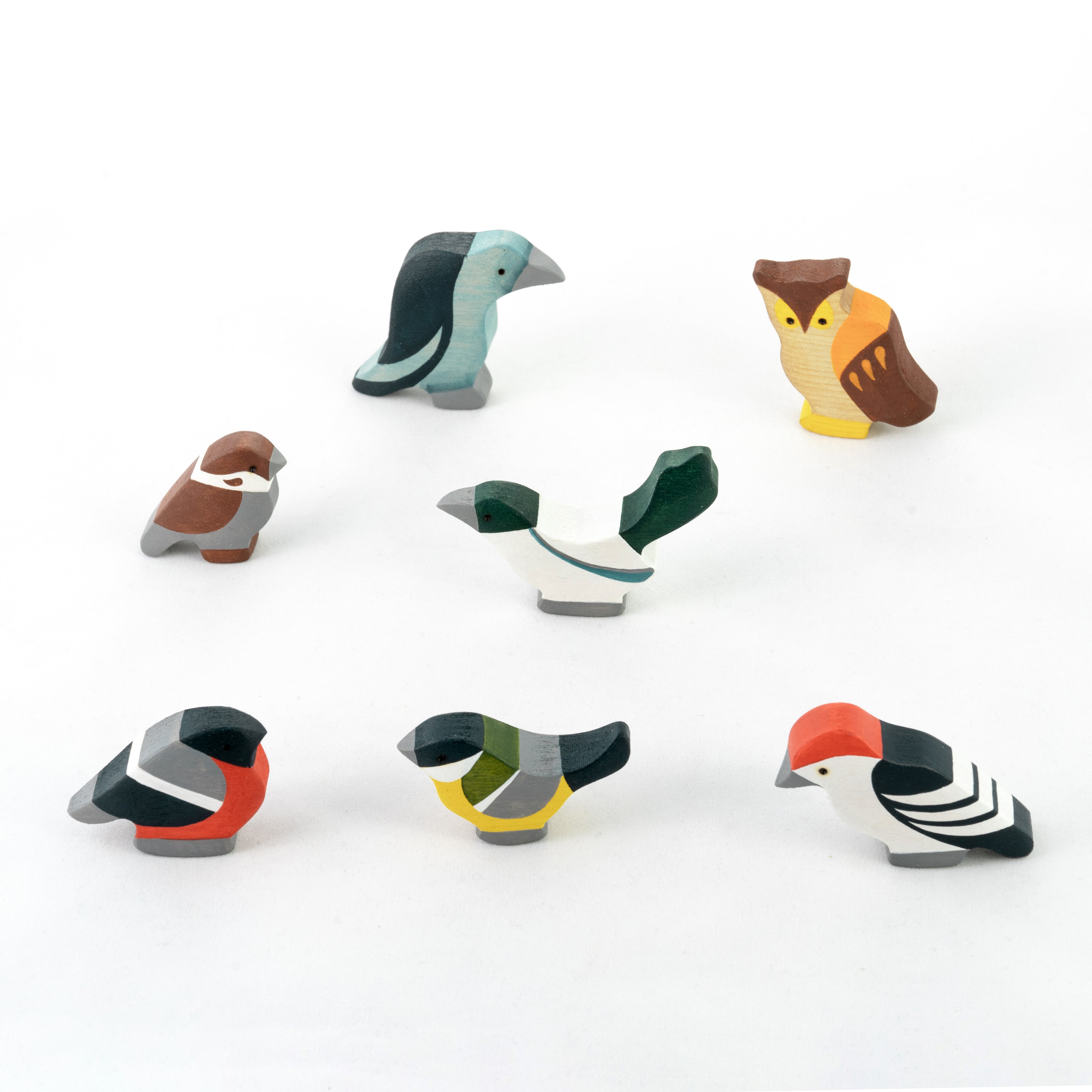 Set of colorful bird-shaped wooden toys on a white background