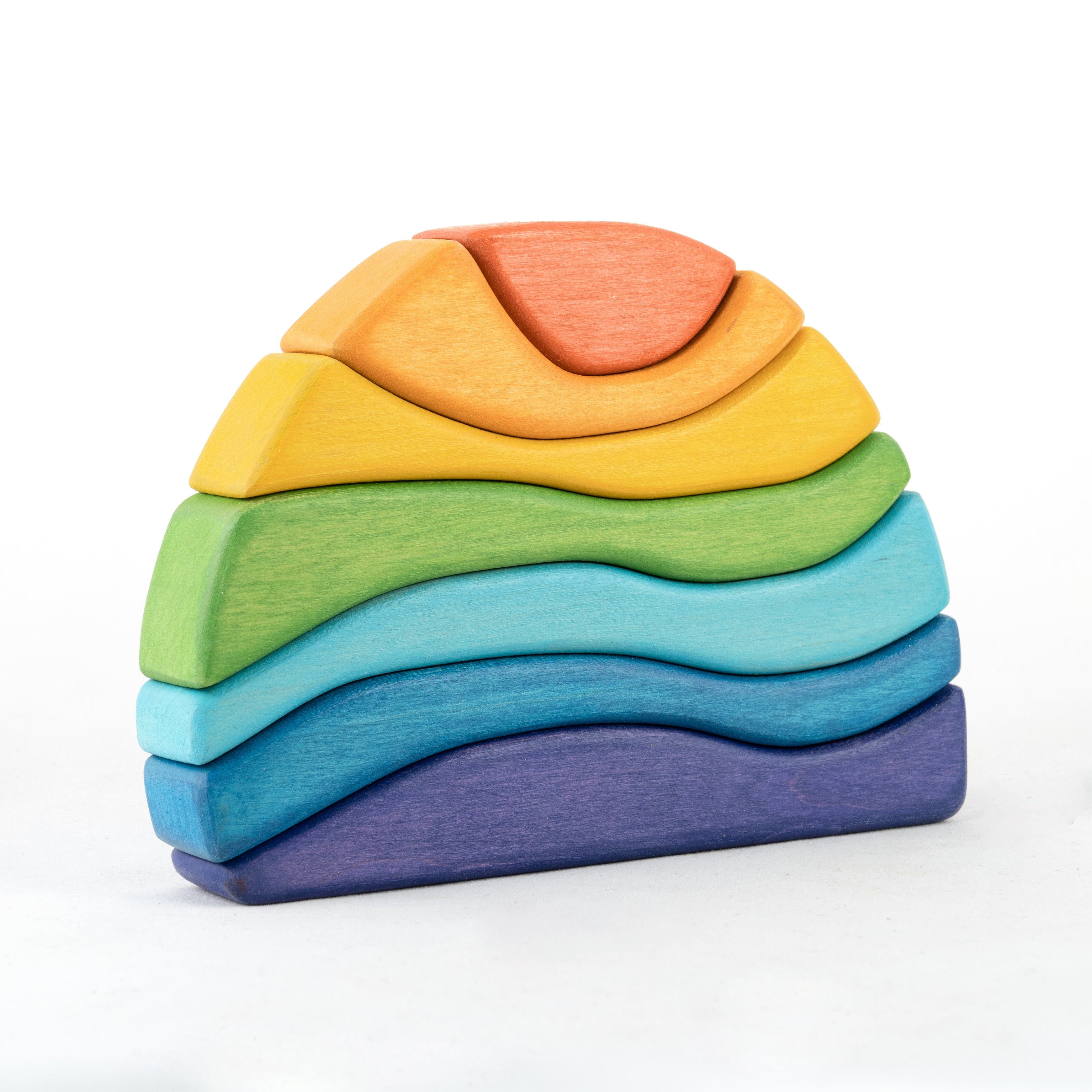 Stack of colorful wooden blocks on a white background