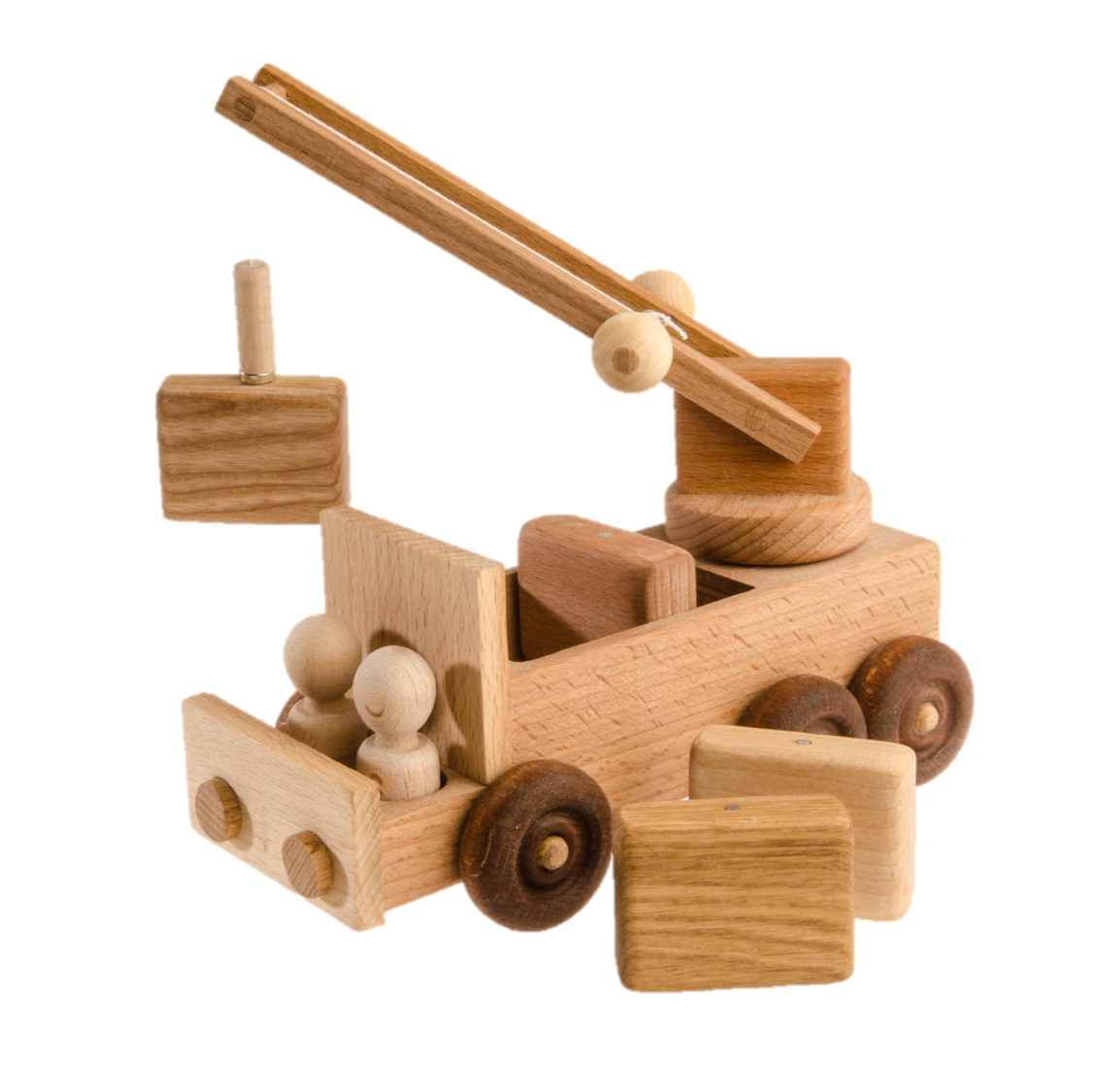 Wooden toy crane on a white background