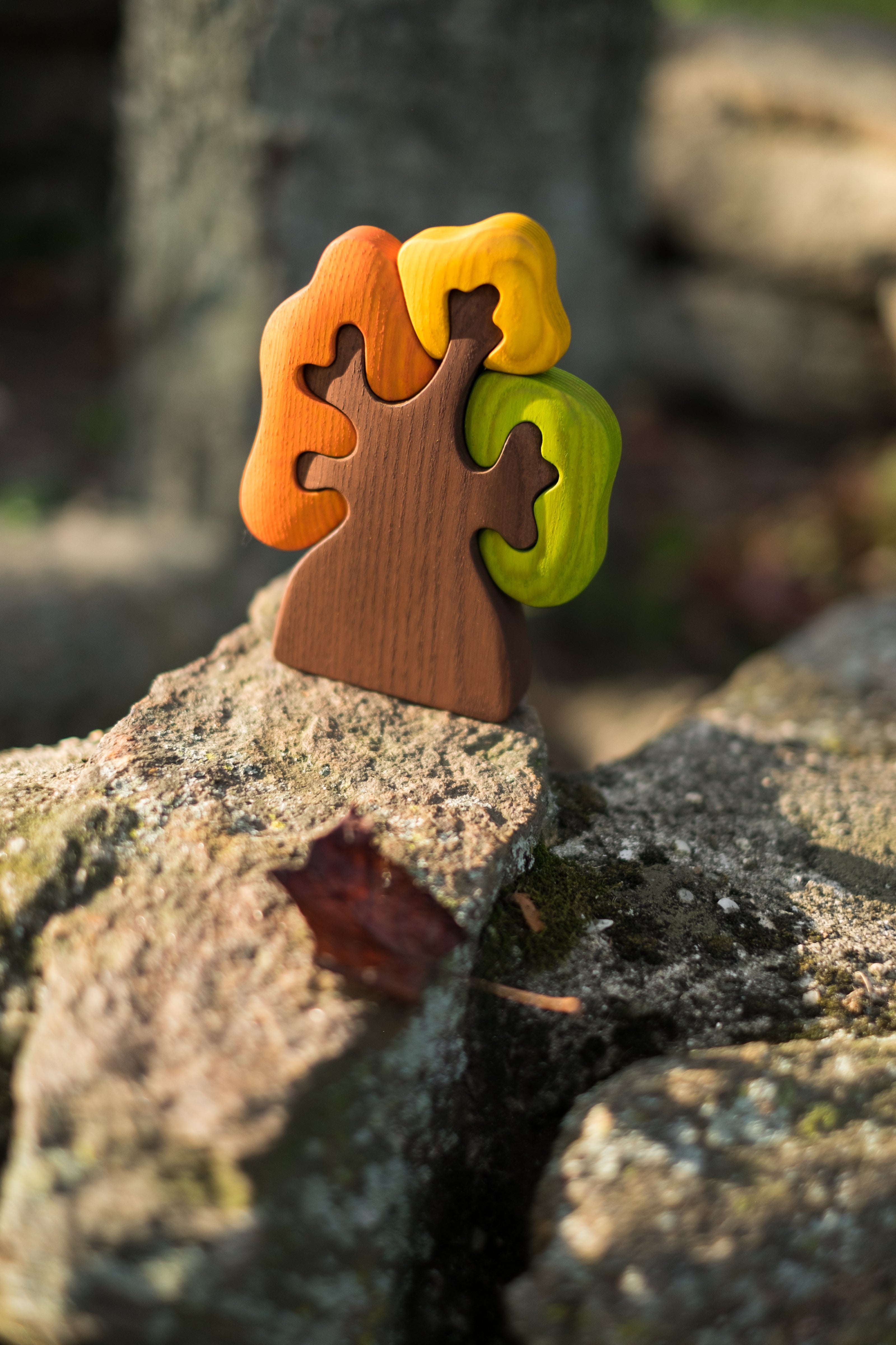 Colorful puzzle piece on a rock with a blurred natural background