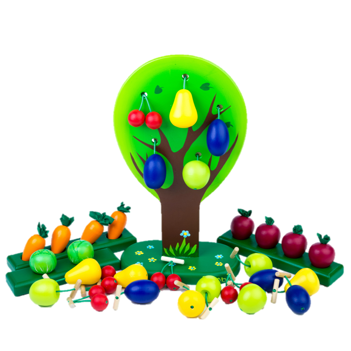 Colorful wooden fruit and vegetable pegs on a tree-shaped board with a white background