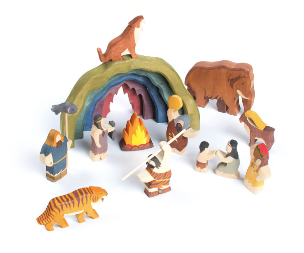 Wooden nativity scene with figures and animals on a white background