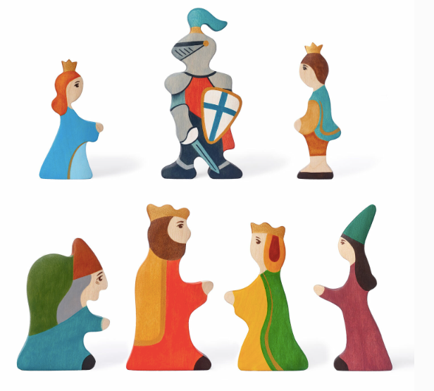 Set of colorful wooden figurines of a king, queen, knight, and four other characters on a white background