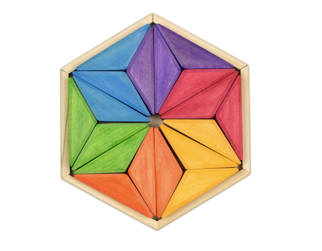 Colorful geometric wooden puzzle on a white background