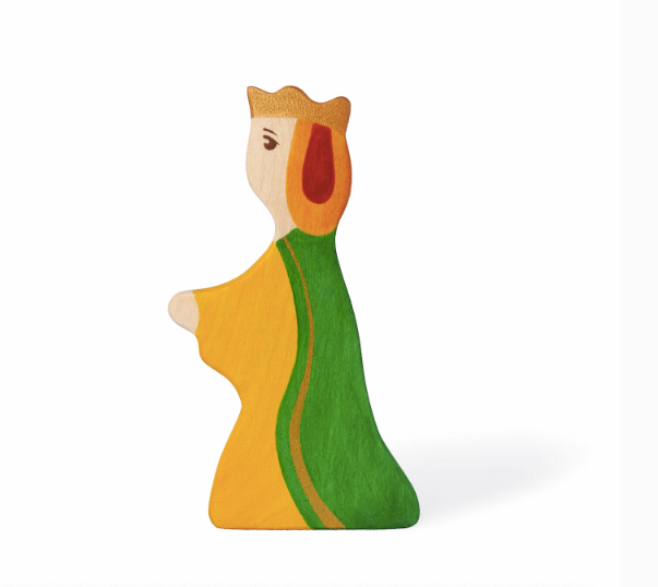 Wooden toy figure with a green body and yellow top on a white background