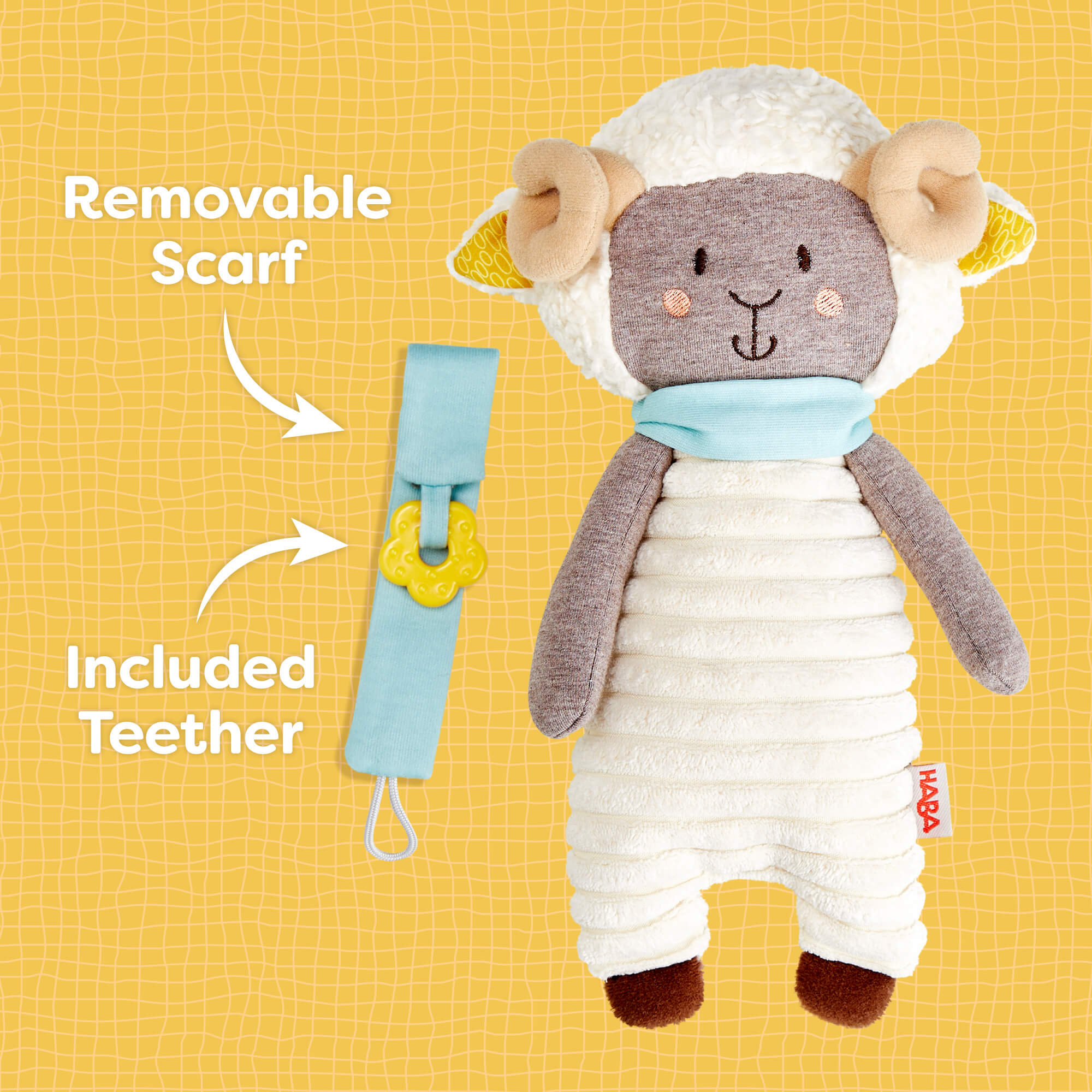 Plush toy sheep with a removable scarf and included teether on a yellow background
