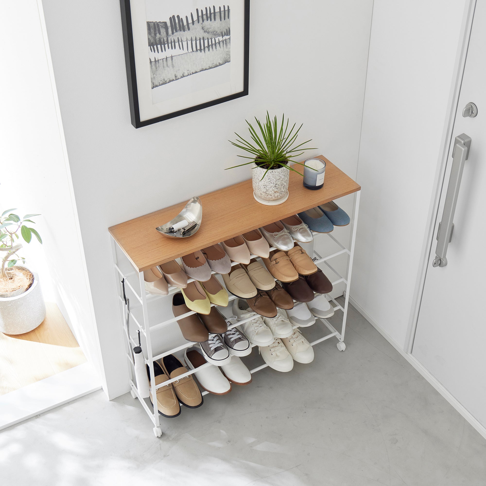 Yamazaki Home Rolling Five-Tier Shoe Rack (34.25" H)  - Steel + Wood
