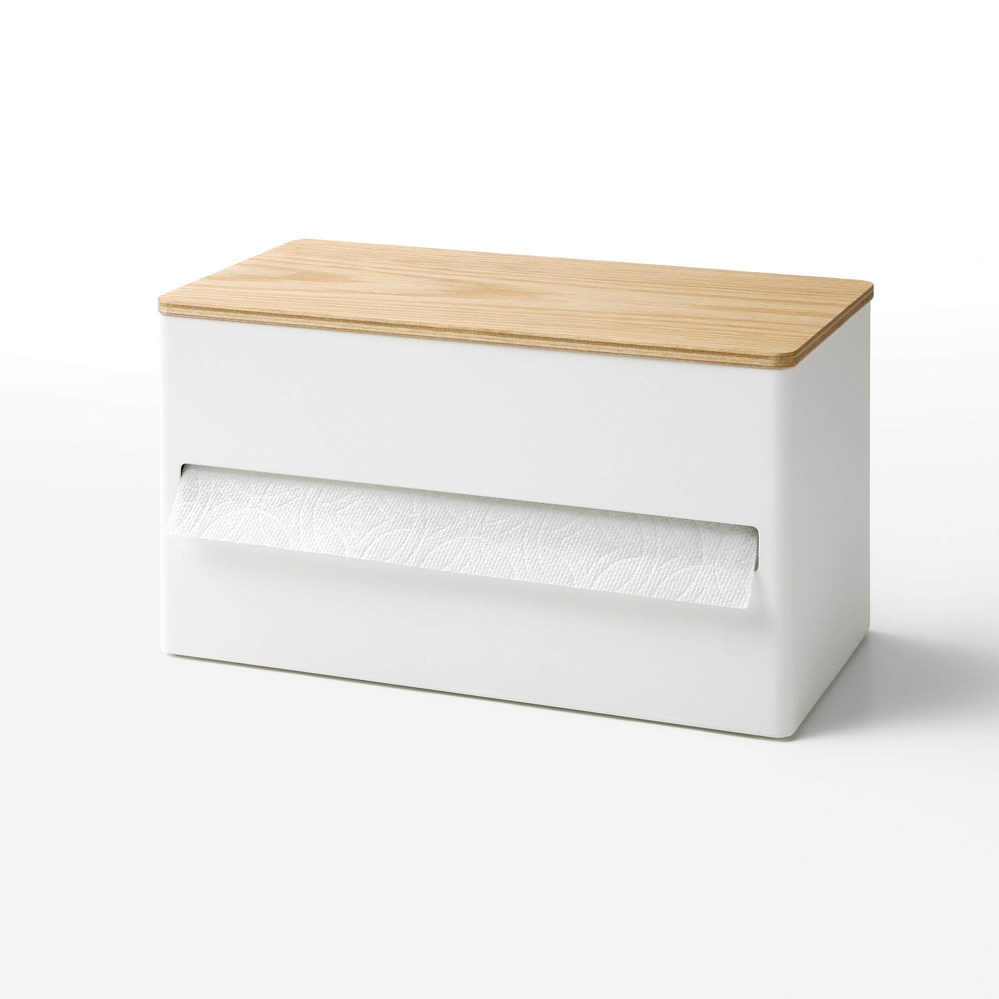 White paper towel holder with a wooden top on a white background