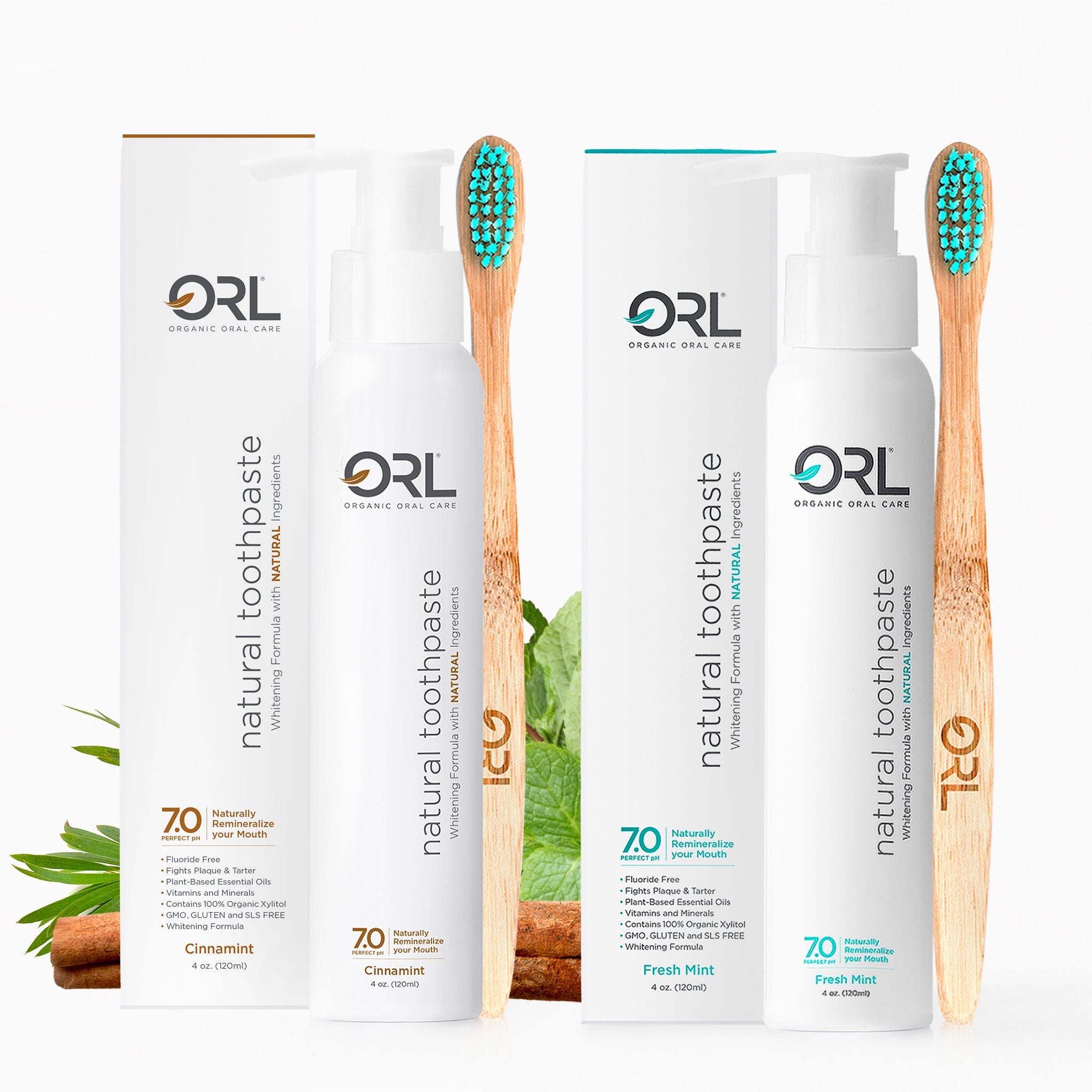 ORL organic dental care products including toothpaste, toothbrush, and mouthwash on a white background