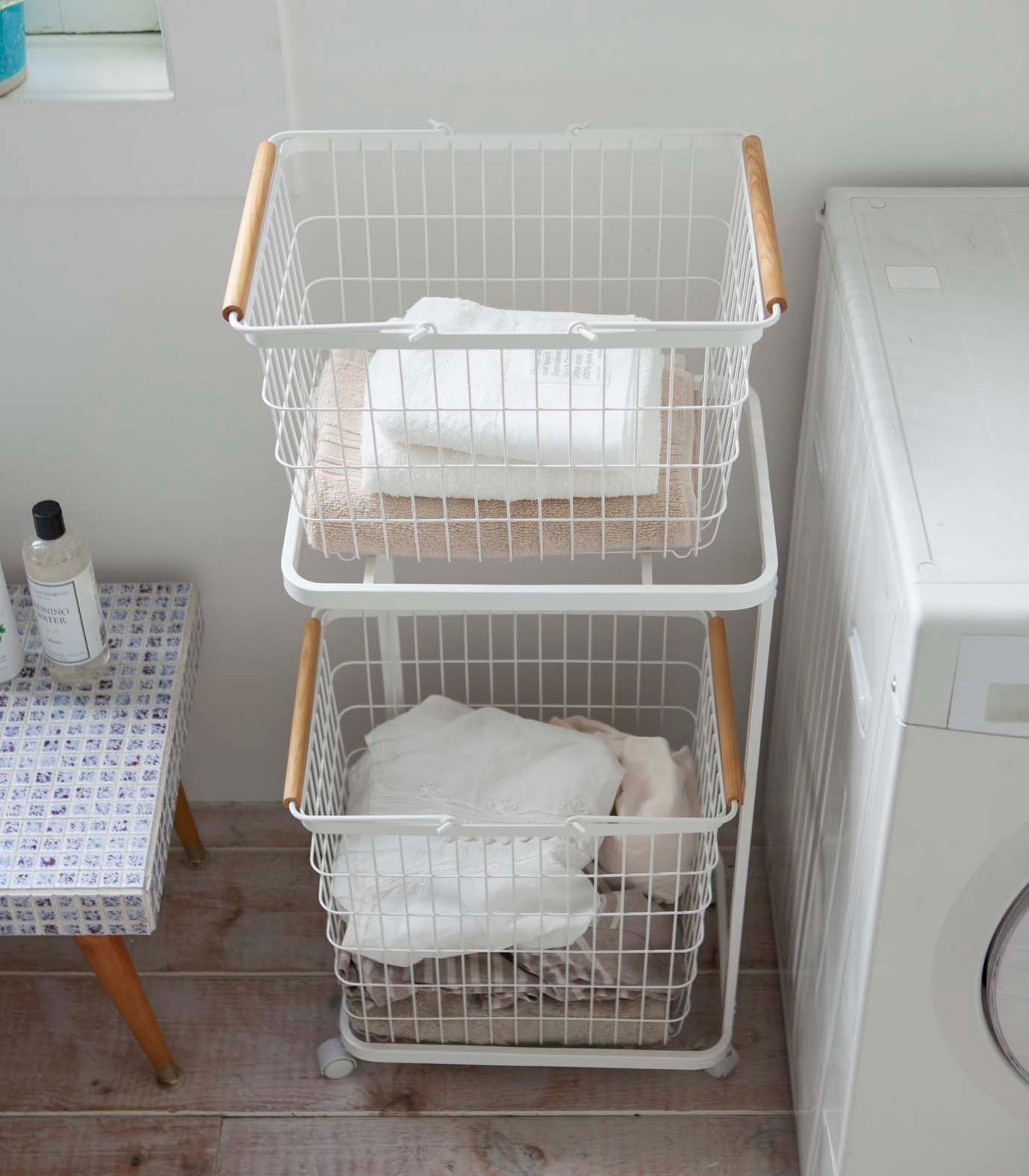 Yamazaki Home Rolling Laundry Cart + Wire Baskets (38" H)  - Steel + Wood