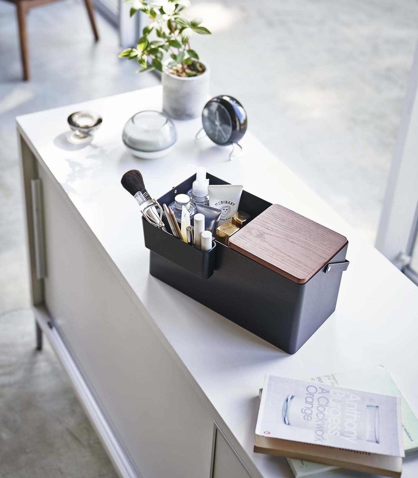 Yamazaki Home Makeup Organizer with Mirror - Steel + Wood