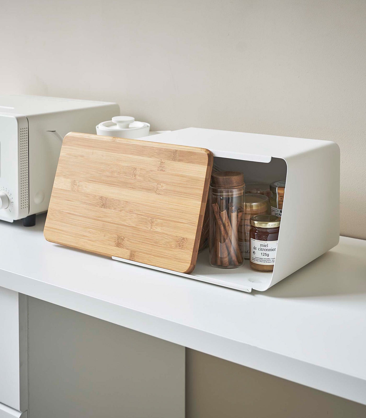 Yamazaki Home Bread Box with Cutting Board Lid - Steel + Wood