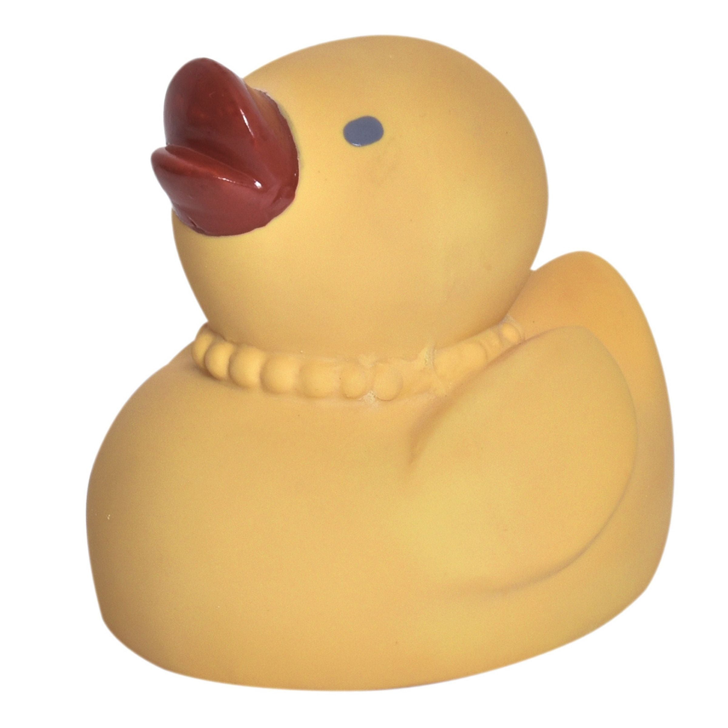 Yelllow rubber duck with a pearl neckalce and lip stick.