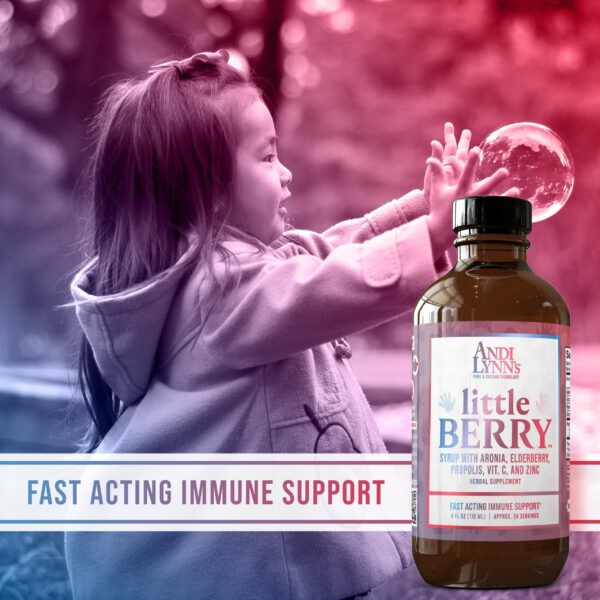 A young child reaching for a bubble and wearing a coat. A banner reads Fast Acting Immune Support next to a bottle of Andi Lynn's Litteberry Organic Black Elderberry Syrup