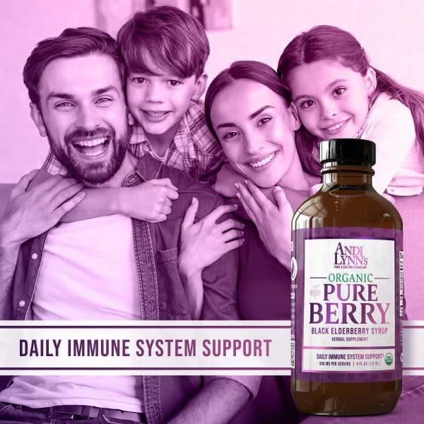 A young family looking into the camera and smiling and hugging each other. In the foreground is a banner reading Daily Immune Support and a bottle of Andi Lynn's - Pure Black Elderberry Syrup